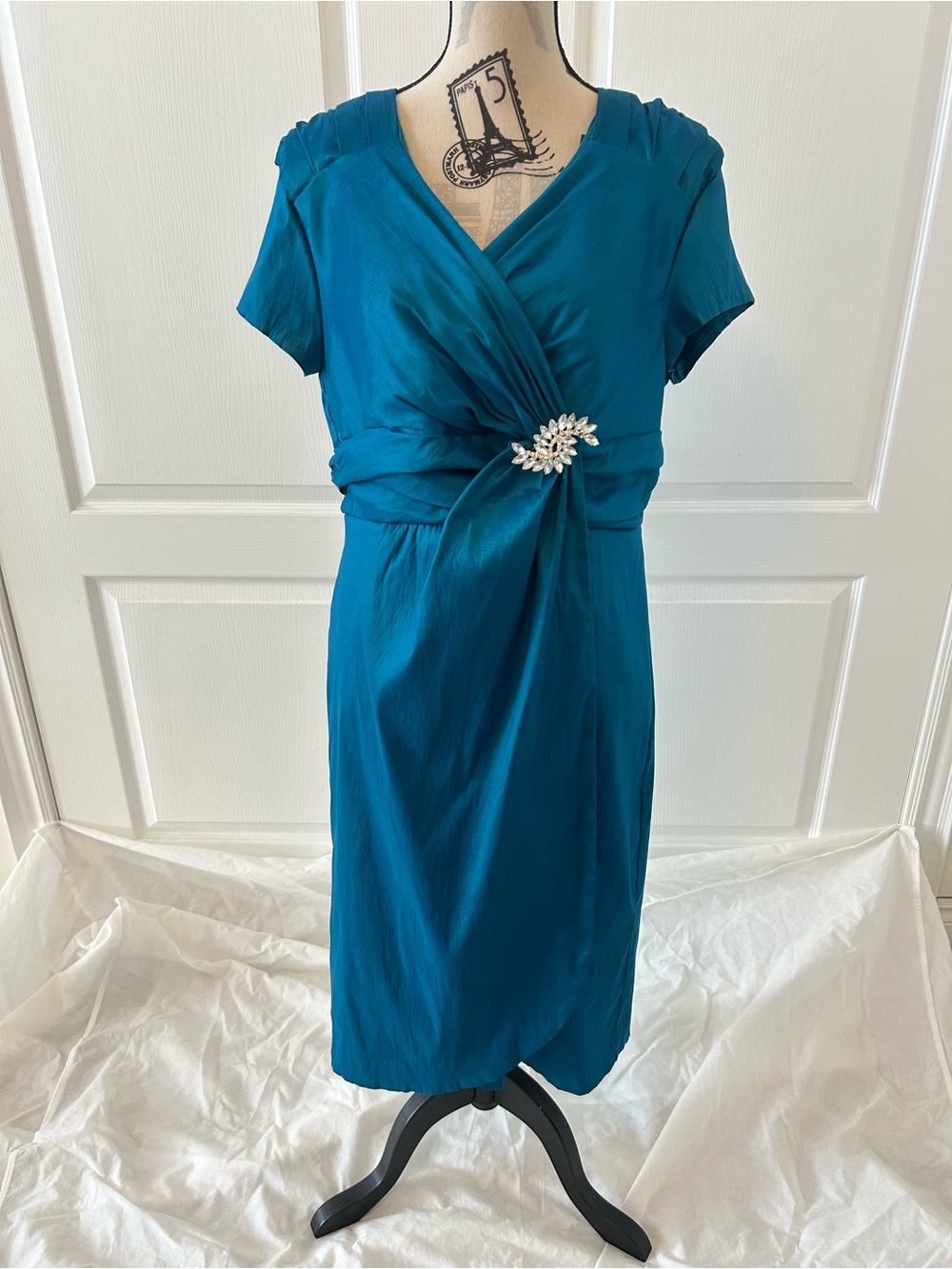 Teal Faux-Wrap Midi Dress with Decorative Brooch